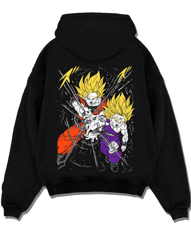 Black pullover hoodie laid flat with Gohan Hoodie Dragon Ball Z Super Saiyan Rage Clash graphic premium wear.