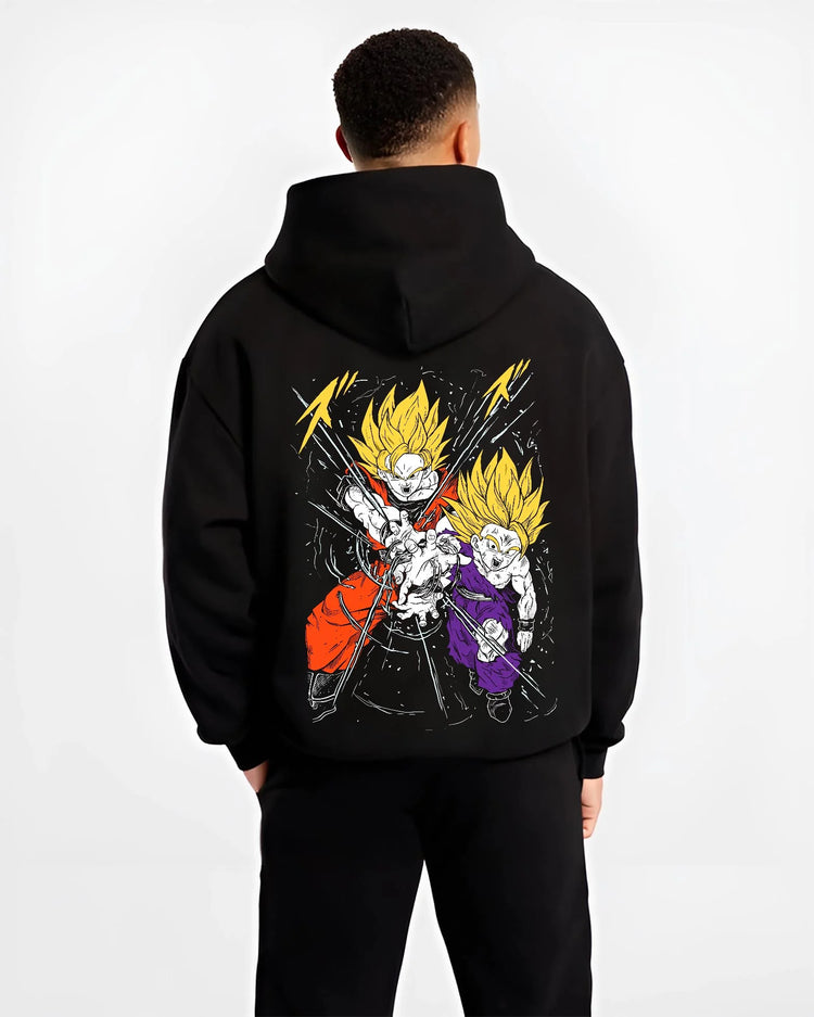 Black hoodie worn by male model, back view with Gohan Hoodie Dragon Ball Z Super Saiyan Rage Clash graphic premium wear.