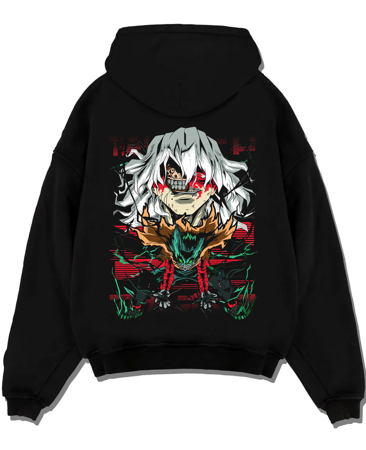 Black pullover hoodie laid flat with My Hero Academia Hoodie Tomura Shigaraki Villain Jumper graphic bold anime graphic.