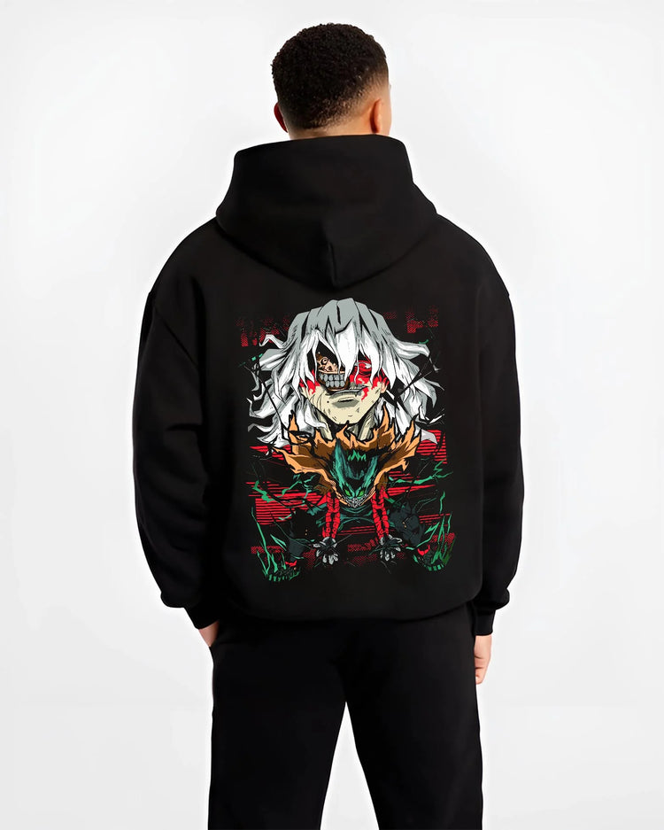 Black hoodie worn by male model, back view with My Hero Academia Hoodie Tomura Shigaraki Villain Jumper graphic premium wear.