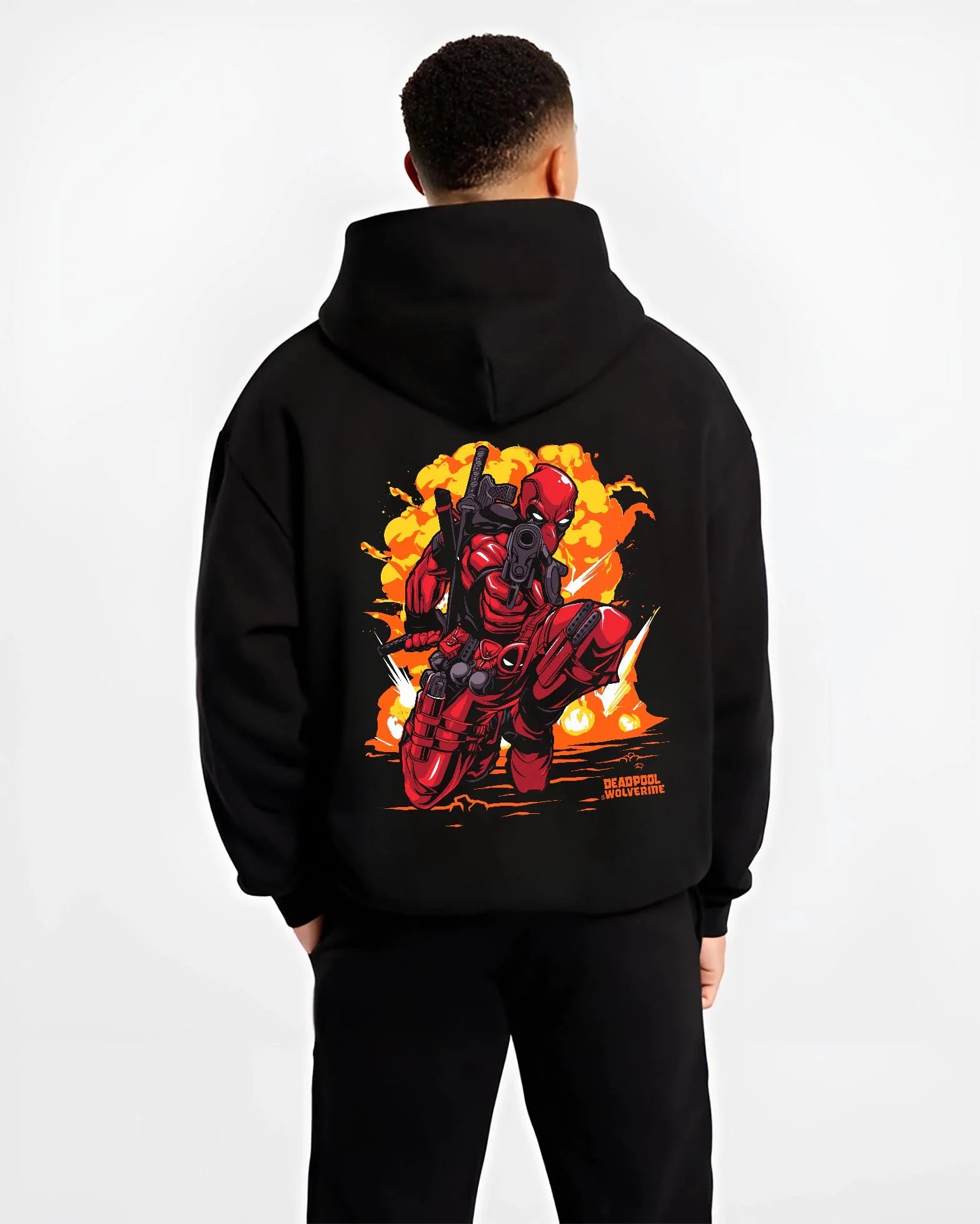 Black hoodie worn by male model, back view with Deadpool Hoodie Marvel Anime Cross Retro Parody Art graphic streetwear graphic.