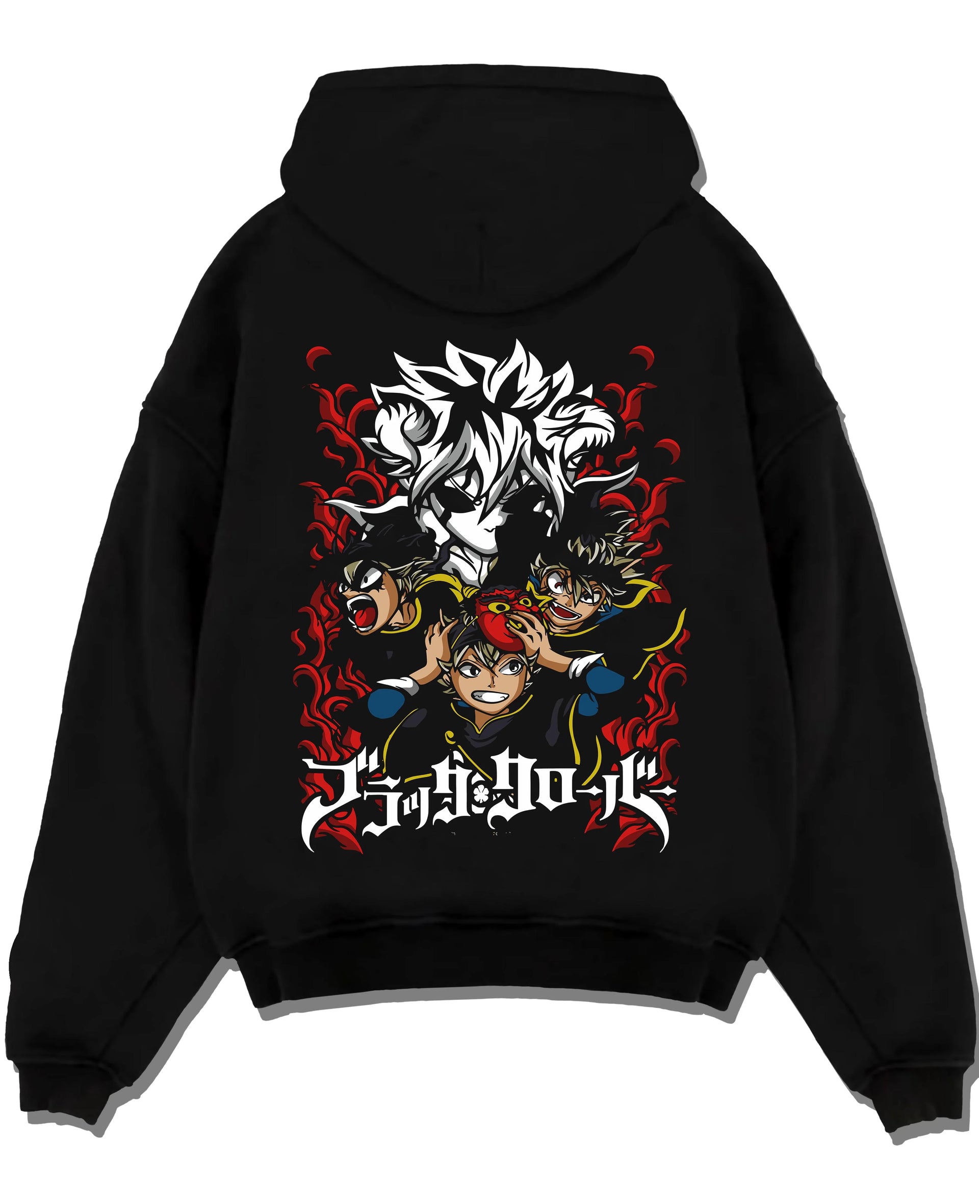 Black pullover hoodie laid flat with Asta Hoodie Black Clover Trio Retro Anime Poster graphic streetwear graphic.