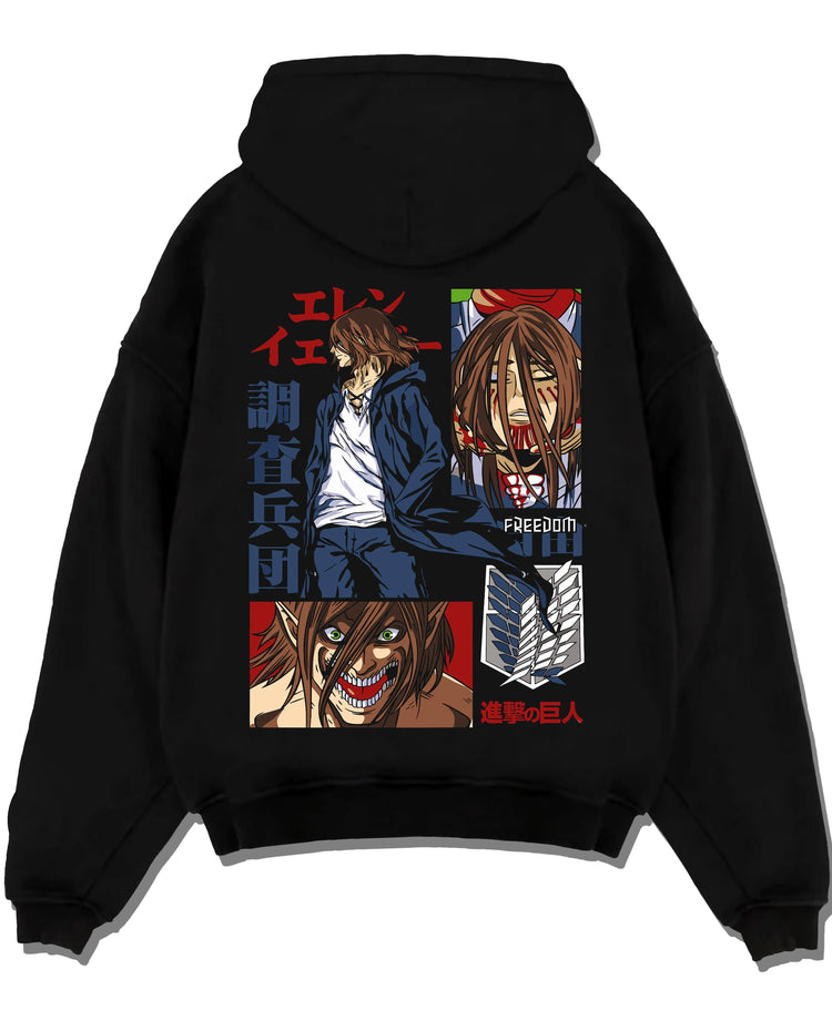 Black pullover hoodie laid flat with Eren Yeager Hoodie Attack on Titan Survey Corps Look graphic premium wear.