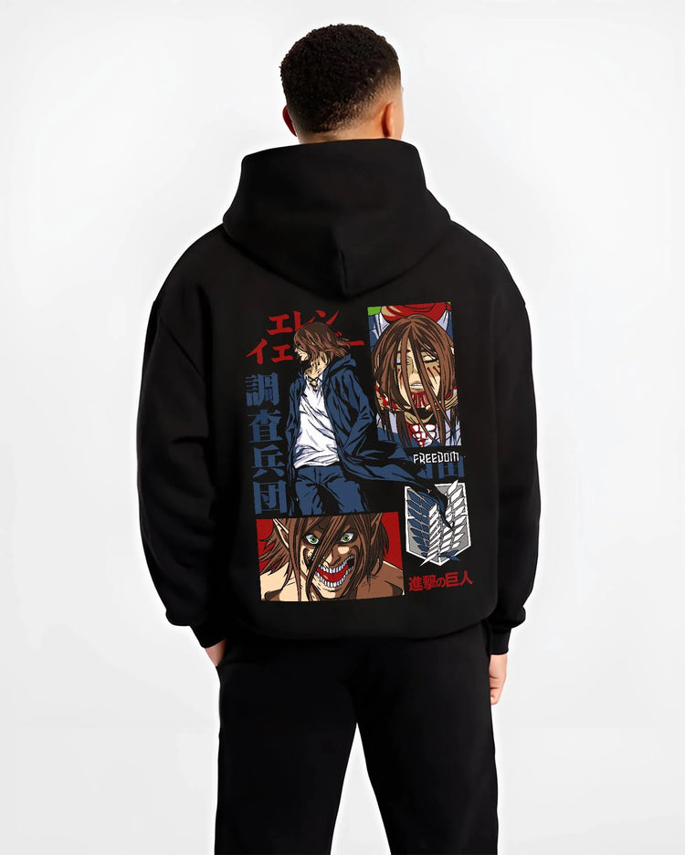 Black hoodie worn by male model, back view with Eren Yeager Hoodie Attack on Titan Survey Corps Look graphic bold anime graphic.