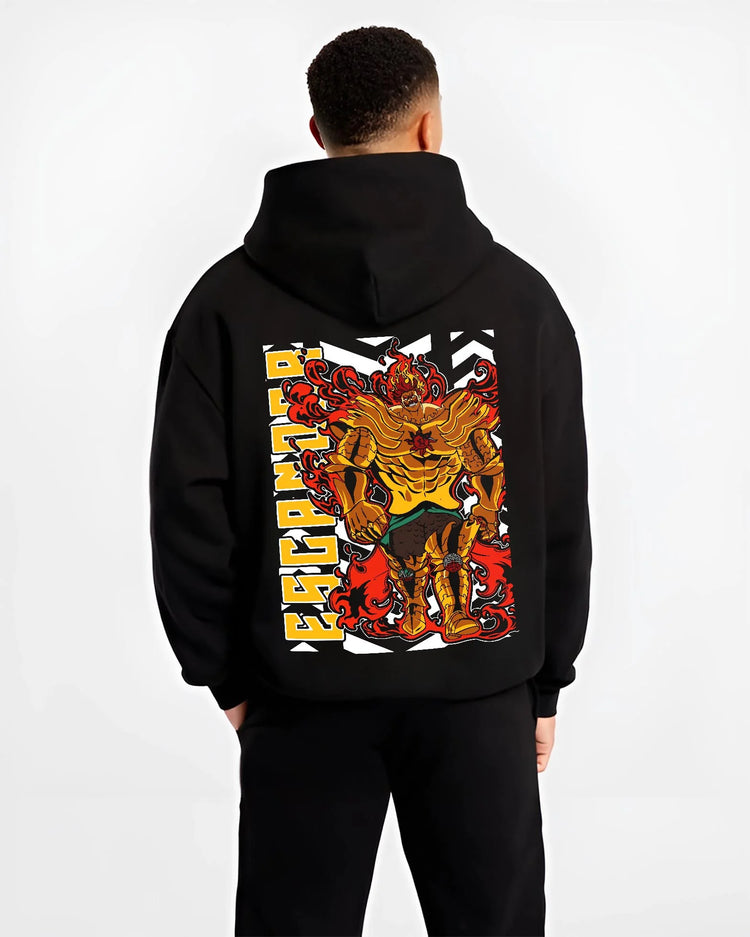 Black hoodie worn by male model, back view with Escanor Hoodie Seven Deadly Sins Lion Sin Sunshine graphic streetwear graphic.