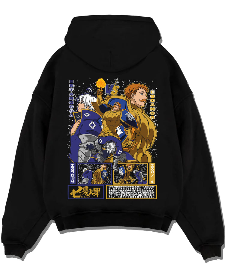Black pullover hoodie laid flat with Escanor Hoodie Seven Deadly Sins Flame Lion Warrior graphic streetwear graphic.