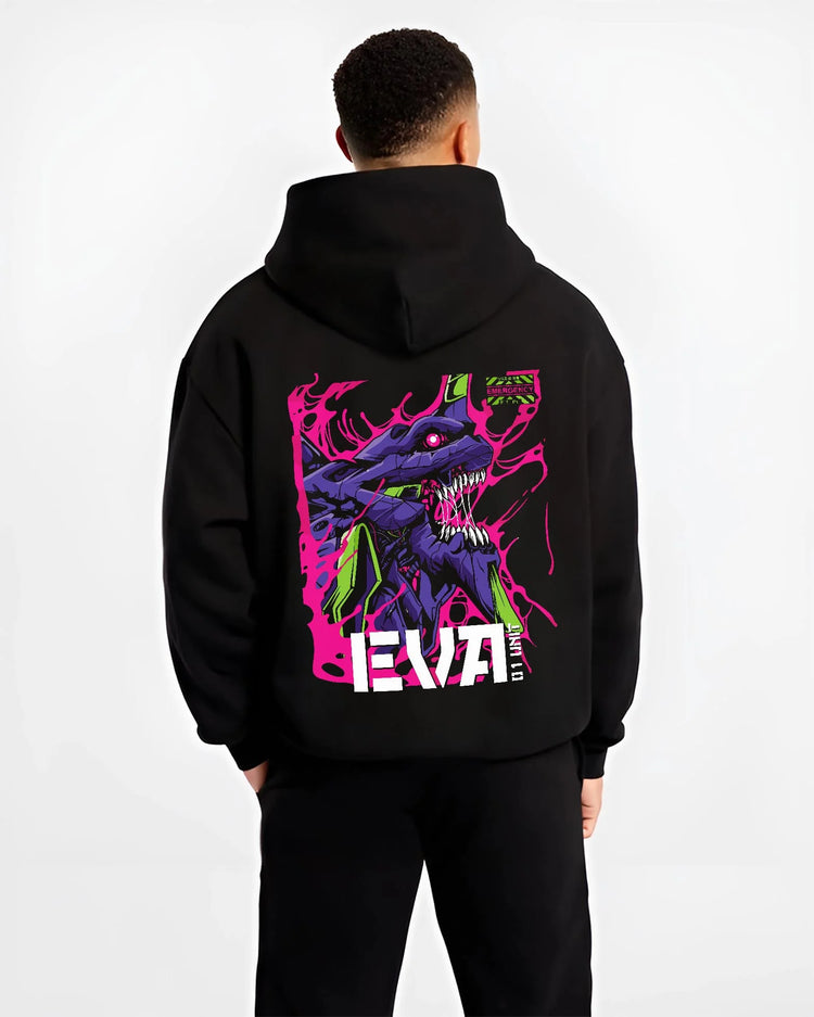 Black hoodie worn by male model, back view with Evangelion Unit 01 Hoodie Neon Genesis Mecha Purple graphic bold anime graphic.