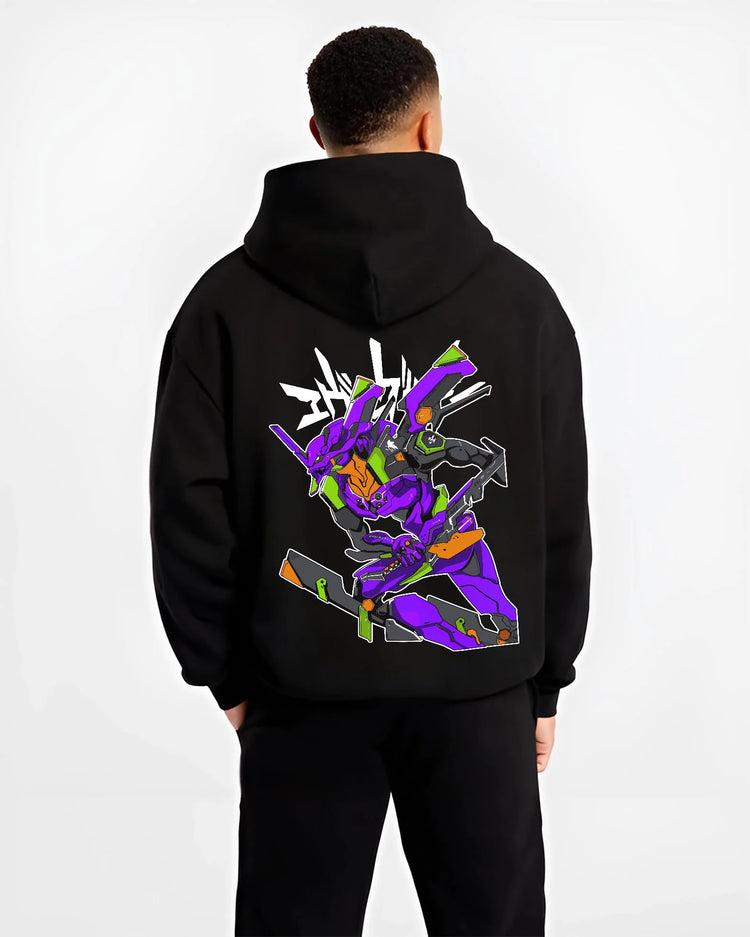 Black hoodie worn by male model, back view with Evangelion Unit 01 Hoodie Neon Genesis Battle Mode graphic bold anime graphic.