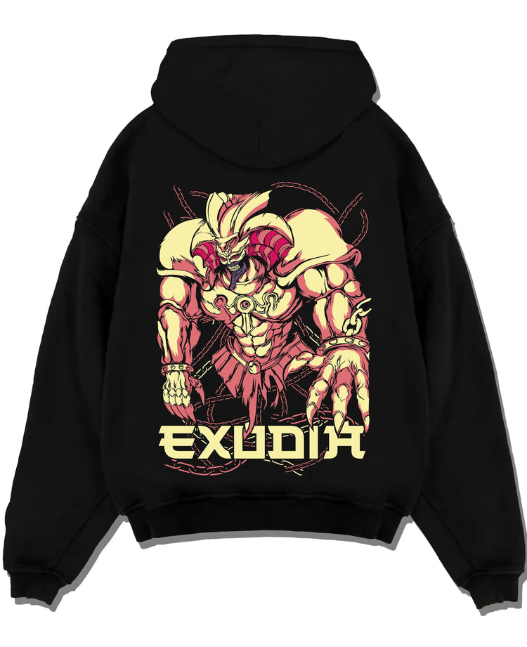 Black pullover hoodie laid flat with Exodia Hoodie Yu-Gi-Oh Legendary Forbidden Monster graphic bold anime graphic.