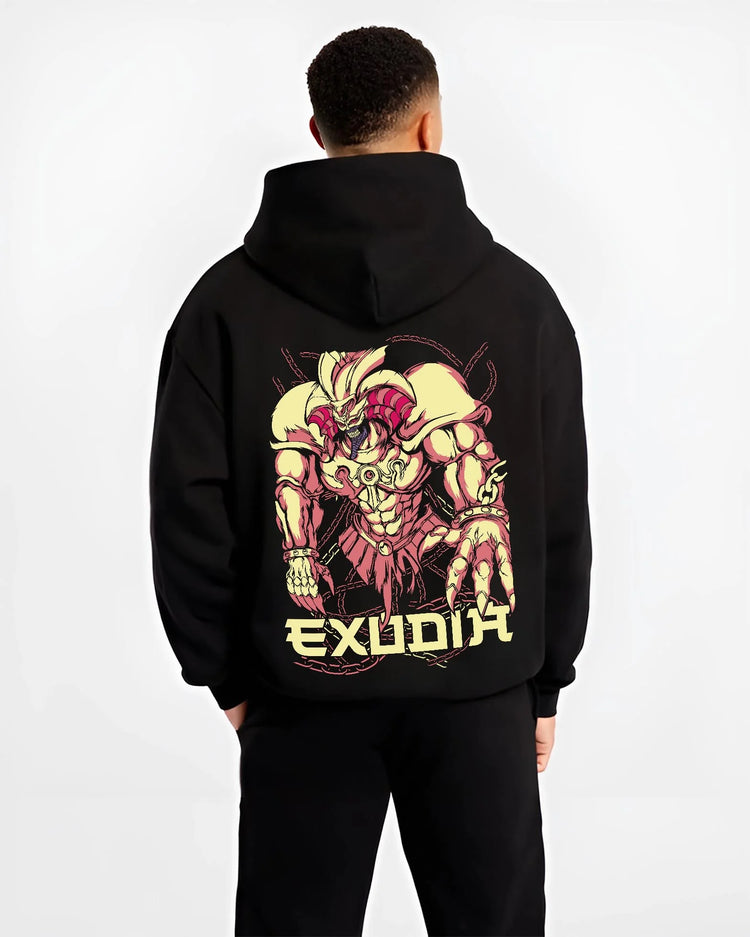 Black hoodie worn by male model, back view with Exodia Hoodie Yu-Gi-Oh Legendary Forbidden Monster graphic premium wear.