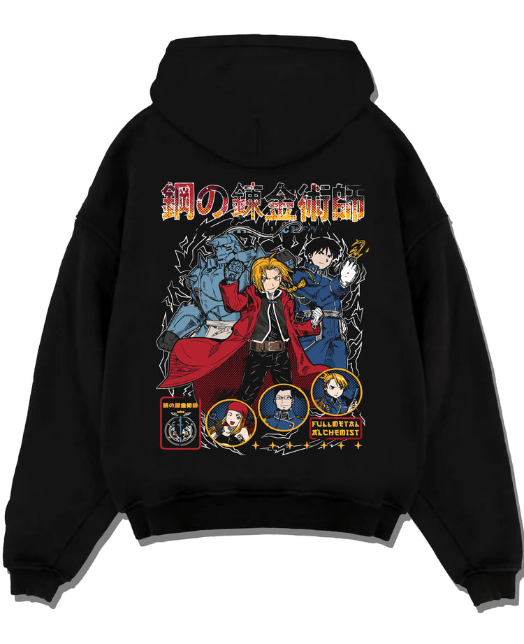 Black pullover hoodie laid flat with Fullmetal Alchemist Hoodie Brotherhood Retro Design graphic bold anime graphic.
