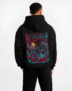 Black hoodie worn by male model, back view with Edward Elric Hoodie Fullmetal Alchemist Flame Scene graphic streetwear graphic.