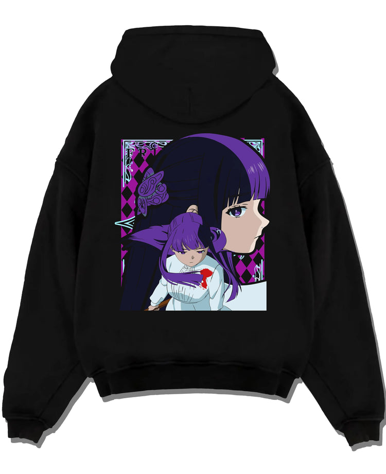 Black pullover hoodie laid flat with Frieren Hoodie Beyond Journey’s End Purple Dress graphic bold anime graphic.