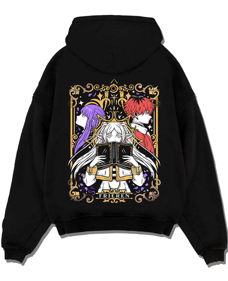Black pullover hoodie laid flat with Frieren Hoodie Beyond Journey’s End Magic Circle graphic streetwear graphic.