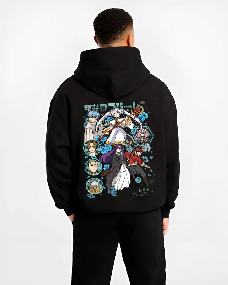 Black hoodie worn by male model, back view with Frieren Hoodie Beyond Journey’s End Adventure Cast graphic bold anime graphic.