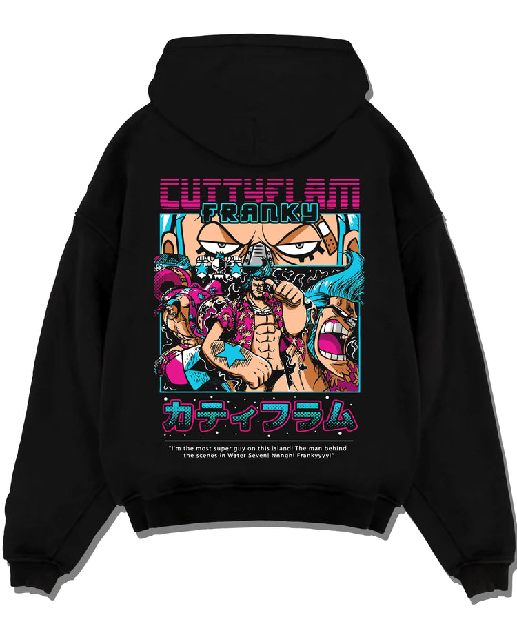 Black pullover hoodie laid flat with Franky Hoodie One Piece Cyborg Cola Power Burst graphic Franky anime design.