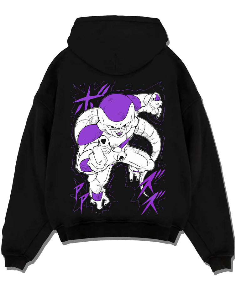 Black pullover hoodie laid flat with Frieza Hoodie Dragon Ball Z First Form Classic graphic premium wear.