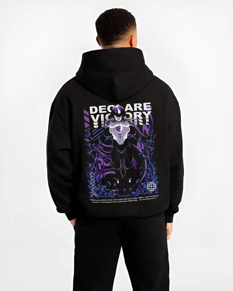 Black hoodie worn by male model, back view with Frieza Hoodie Dragon Ball Z Emperor Declare Victory graphic premium wear.