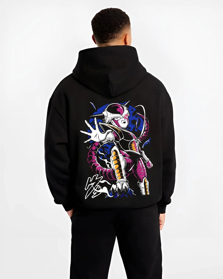 Black hoodie worn by male model, back view with Frieza Hoodie Dragon Ball Z Final Form Energy Pose graphic streetwear graphic.