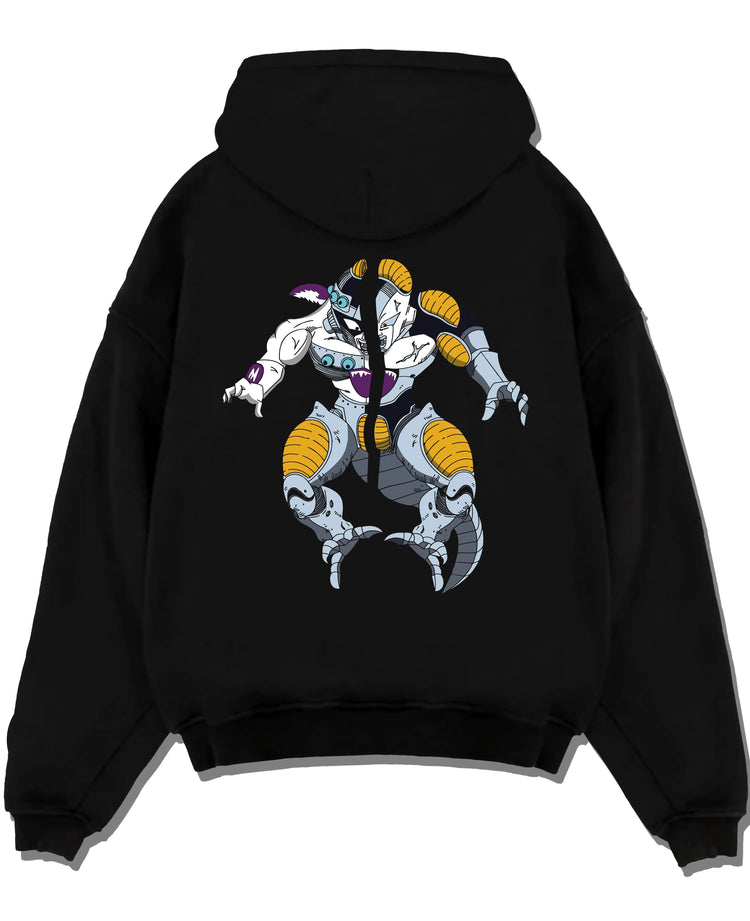 Black pullover hoodie laid flat with Frieza Hoodie Dragon Ball Z Mecha Cyborg Version graphic Frieza anime design.
