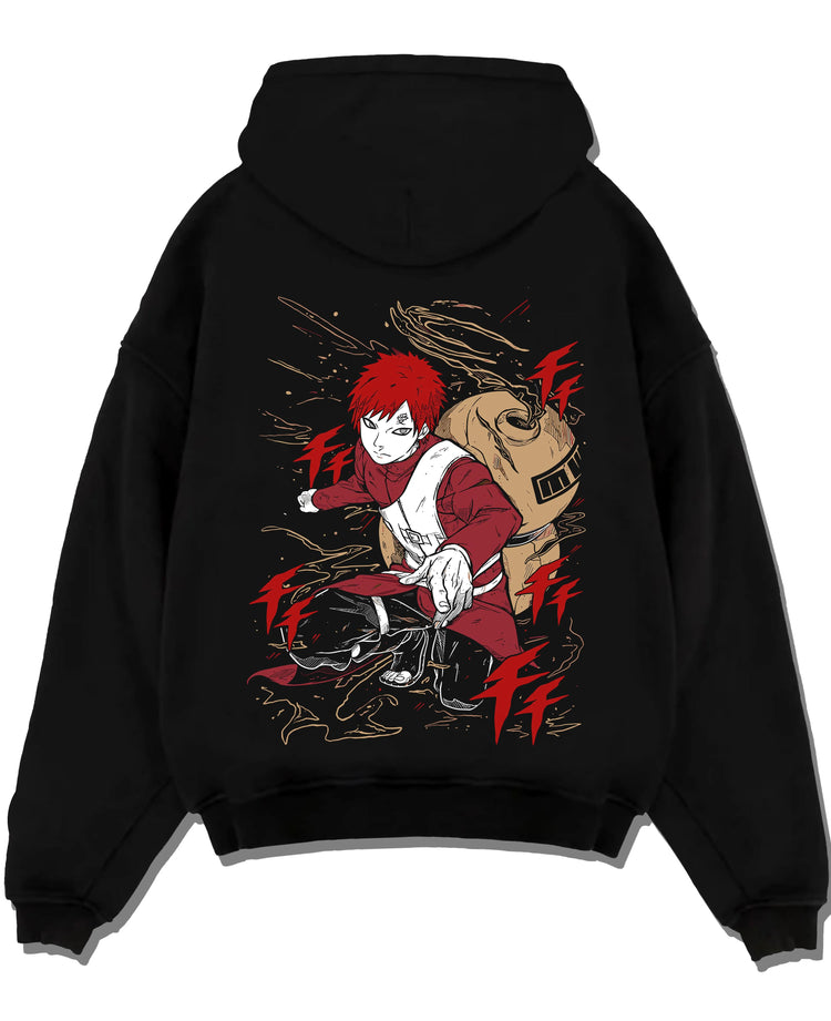 Black pullover hoodie laid flat with Gaara Hoodie Naruto Red Sand Shinobi Desert Power graphic premium wear.