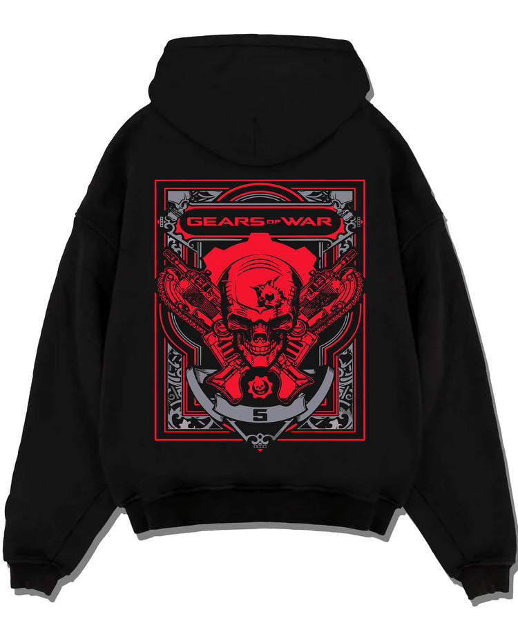 Black pullover hoodie laid flat with Gears of War Hoodie Marcus Crimson Omen Skull Jumper graphic premium wear.