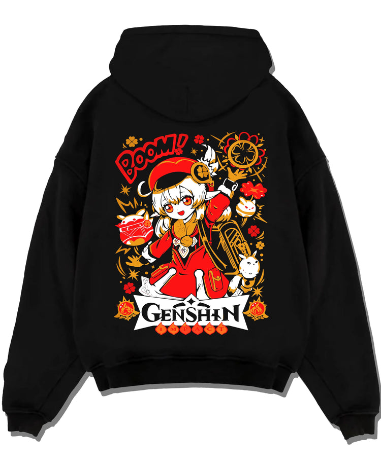 Black pullover hoodie laid flat with Genshin Impact Hoodie Klee Bombastic Attack Jumper graphic Klee anime design.