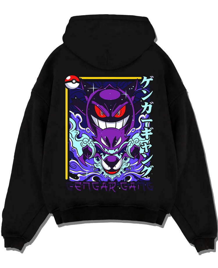 Black pullover hoodie laid flat with Pokémon Hoodie Gengar Shadow Ball Jumper graphic Gengar anime design.