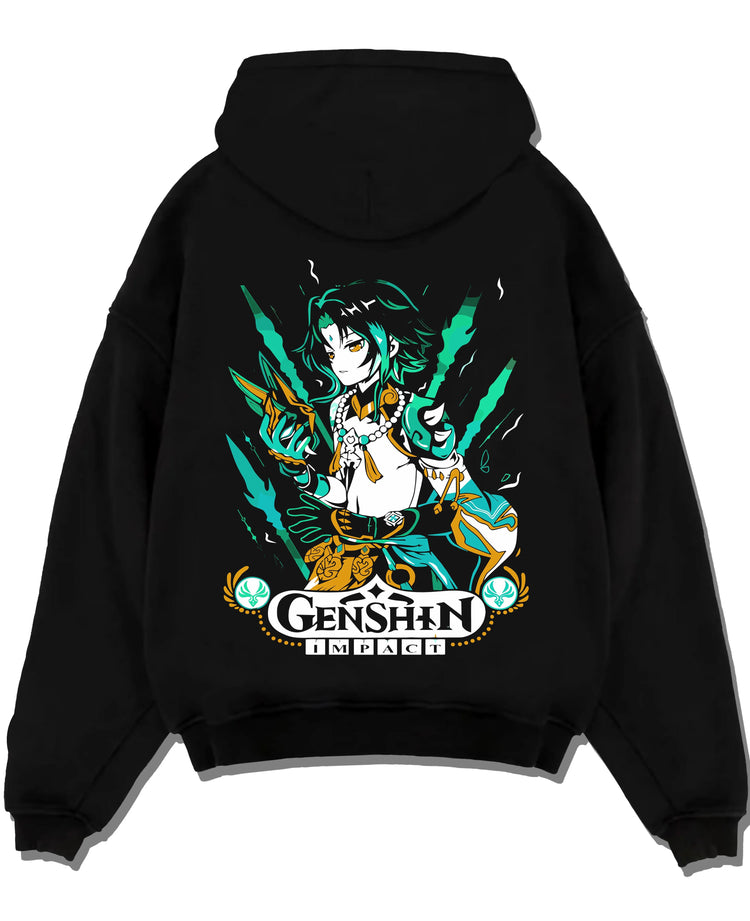 Black pullover hoodie laid flat with Genshin Impact Hoodie Xiao Luminant Power Jumper graphic premium wear.