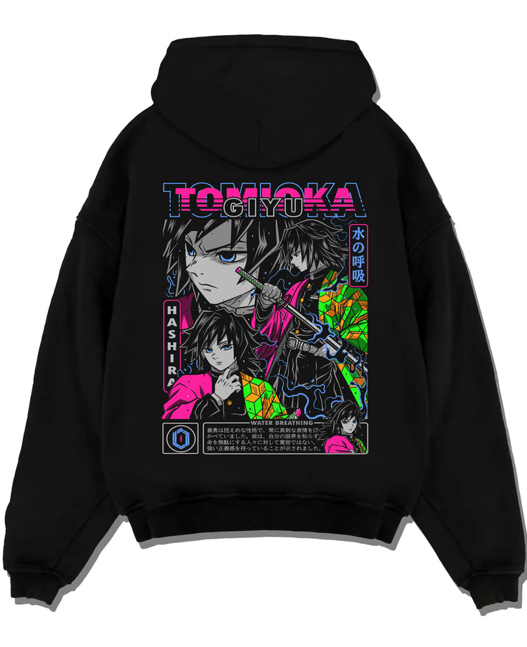 Black pullover hoodie laid flat with Giyu Hoodie Demon Slayer Water Hashira Dual Faces graphic bold anime graphic.