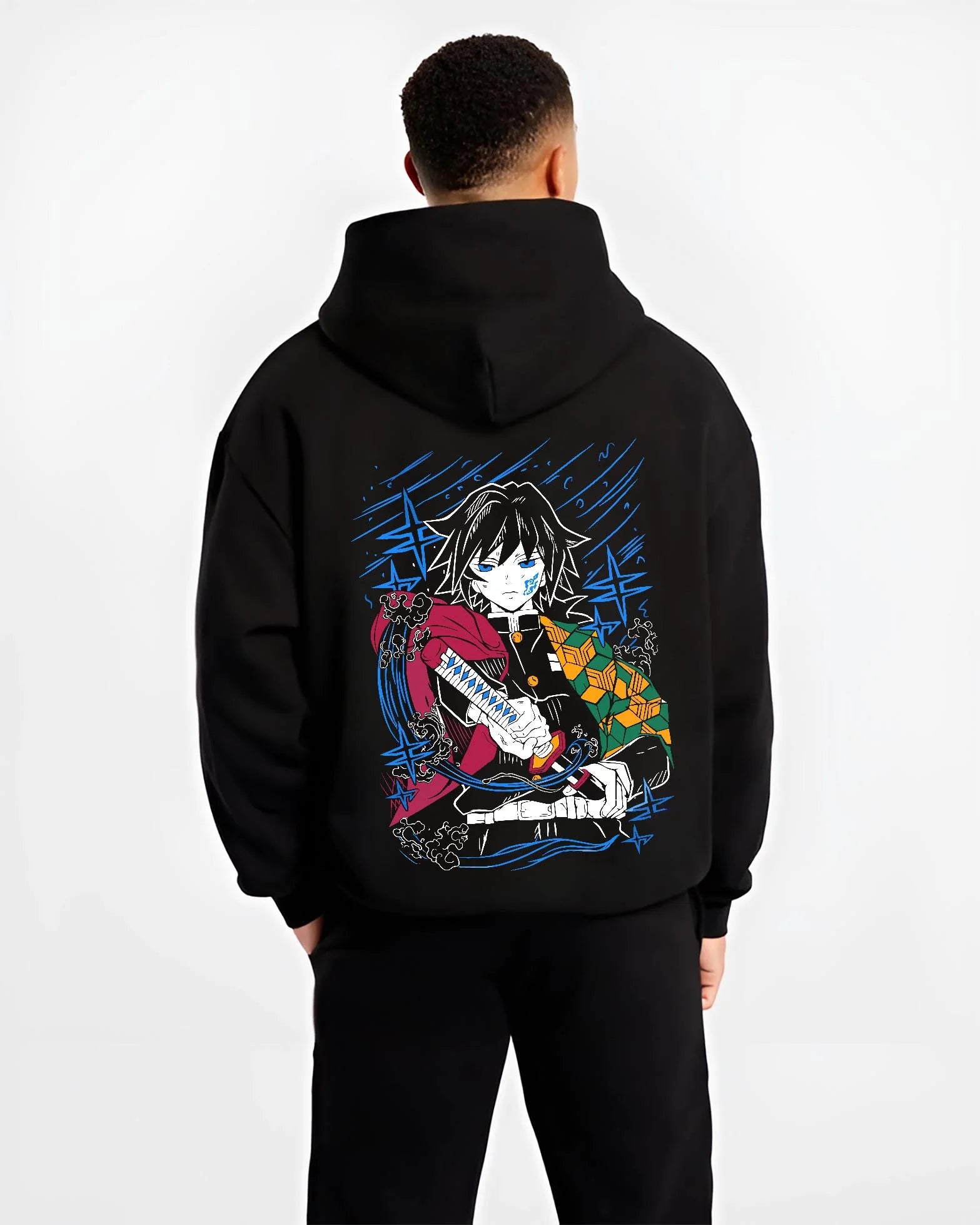 Black hoodie worn by male model, back view with Demon Slayer Hoodie Giyu Tomioka Water Hashira Jumper graphic streetwear graphic.