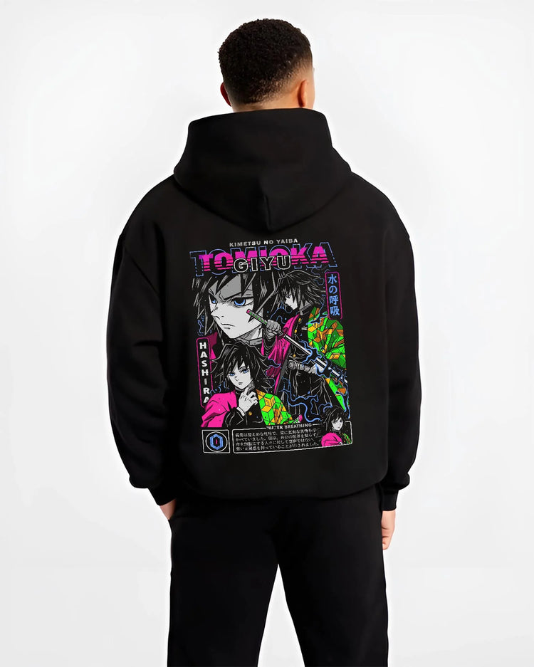 Black hoodie worn by male model, back view with Demon Slayer Hoodie Giyu Tomioka Hashira Guard Jumper graphic premium wear.