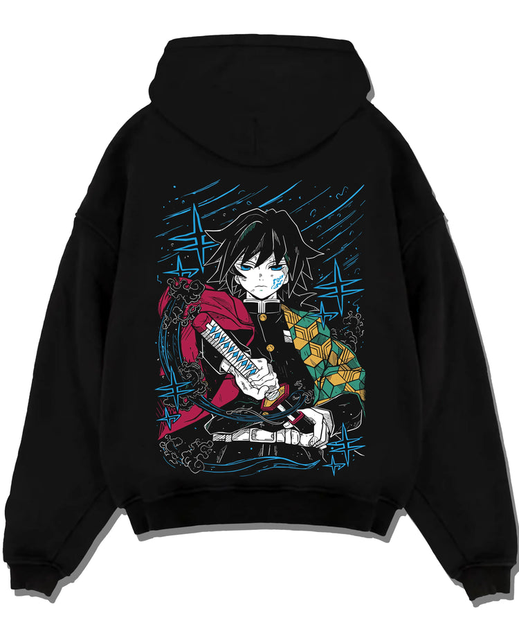 Black pullover hoodie laid flat with Demon Slayer Hoodie Giyu Tomioka Upgraded Power Jumper graphic bold anime graphic.