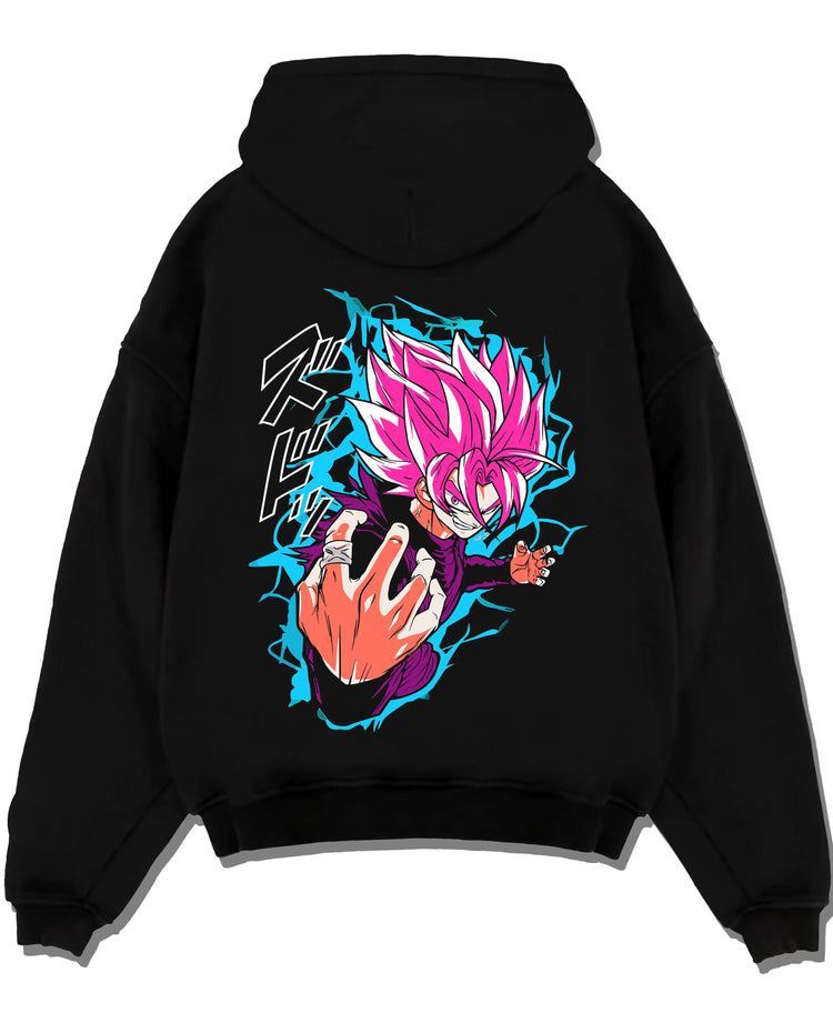 Black pullover hoodie laid flat with Goku Hoodie Dragon Ball Z Super Saiyan Rose Aura graphic streetwear graphic.