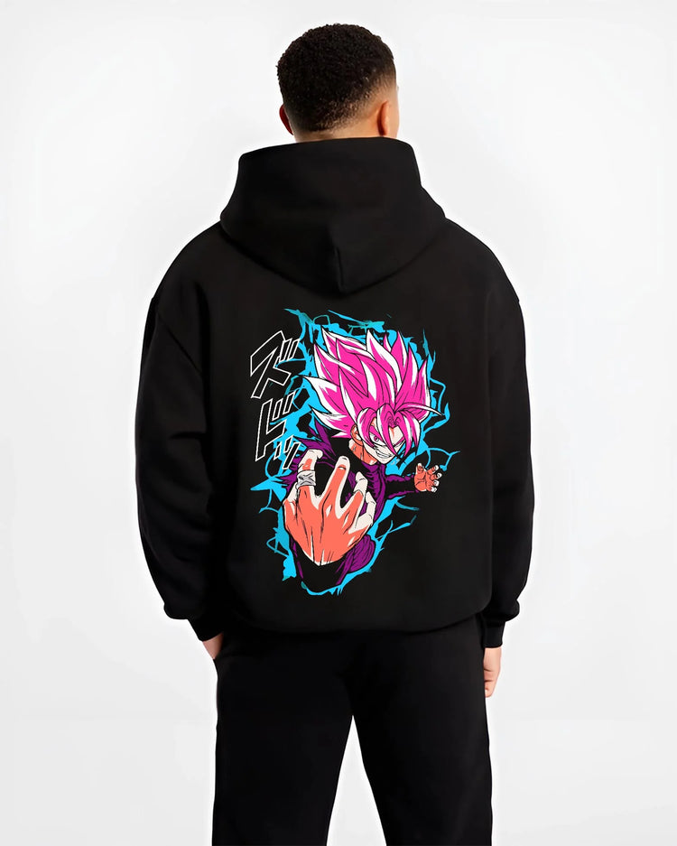 Black hoodie worn by male model, back view with Goku Hoodie Dragon Ball Z Super Saiyan Rose Aura graphic premium wear.