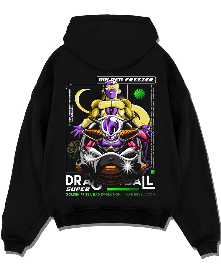 Black pullover hoodie laid flat with Dragon Ball Z Hoodie Golden Frieza Power Jumper graphic premium wear.