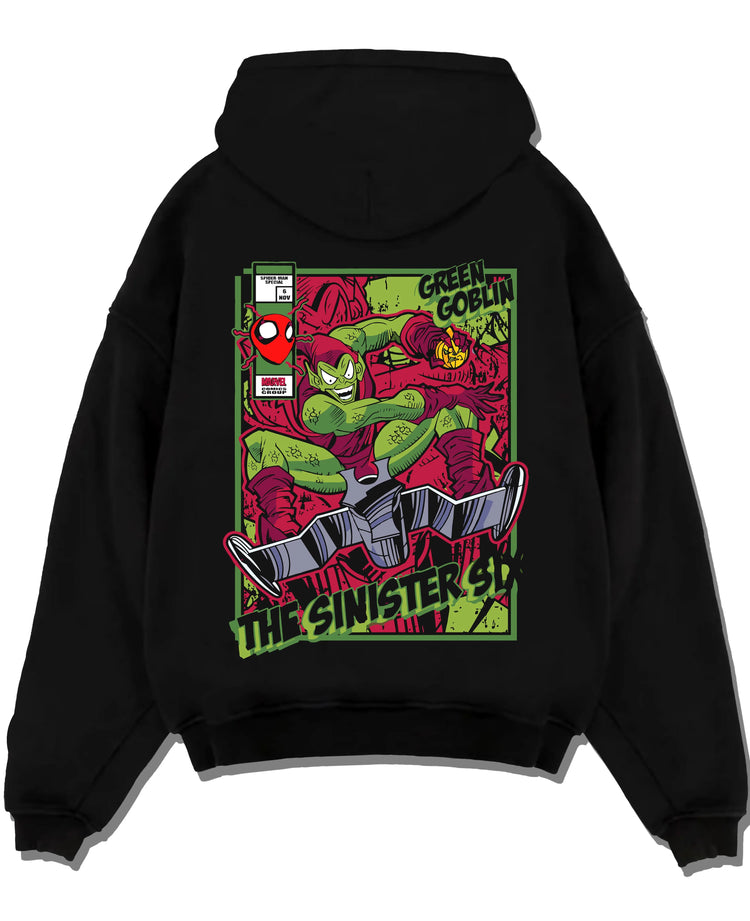 Black pullover hoodie laid flat with Green Goblin Hoodie Marvel Sinister Spider Villain graphic streetwear graphic.