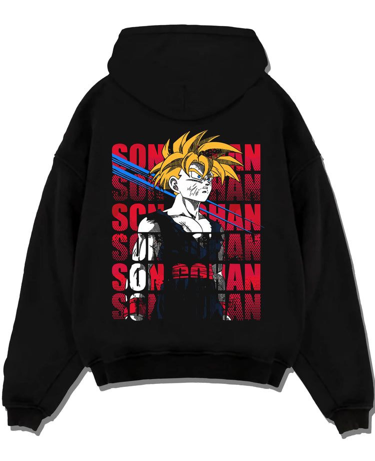 Black pullover hoodie laid flat with Gohan Hoodie Dragon Ball Z Super Saiyan Rage Form graphic Gohan anime design.