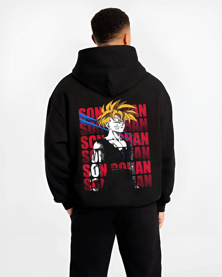 Black hoodie worn by male model, back view with Gohan Hoodie Dragon Ball Z Super Saiyan Rage Form graphic bold anime graphic.