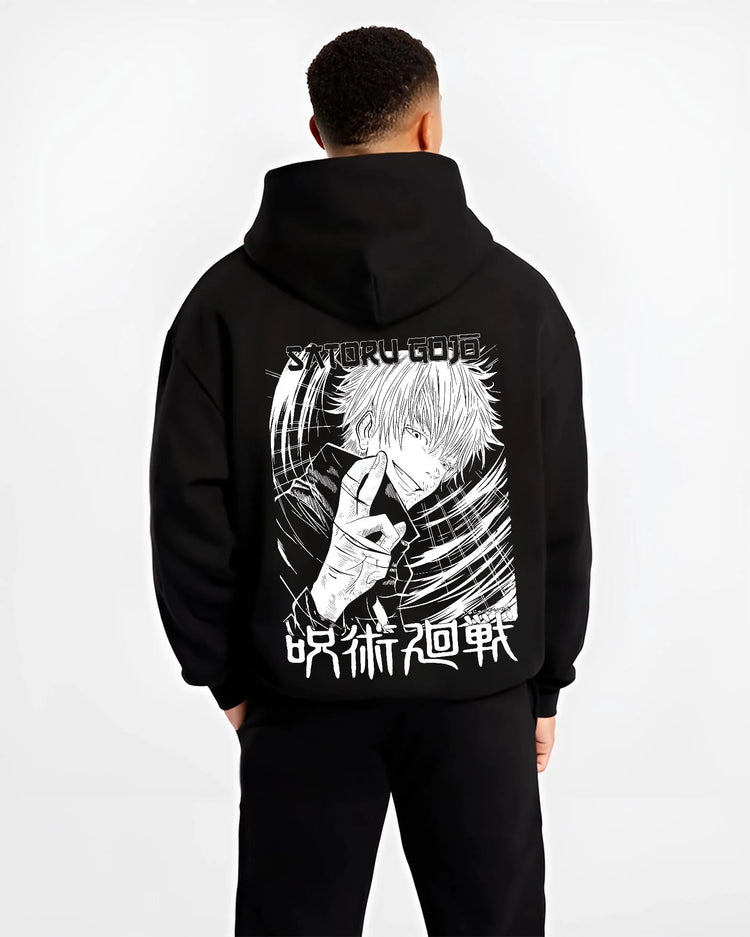 Black hoodie worn by male model, back view with Jujutsu Kaisen Hoodie Satoru Gojo Cool Pose Jumper graphic streetwear graphic.