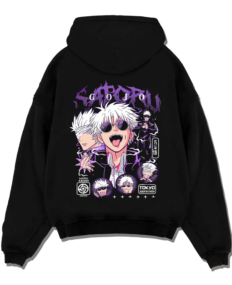 Black pullover hoodie laid flat with Jujutsu Kaisen Hoodie Satoru Gojo Casual Outfit Jumper graphic premium wear.