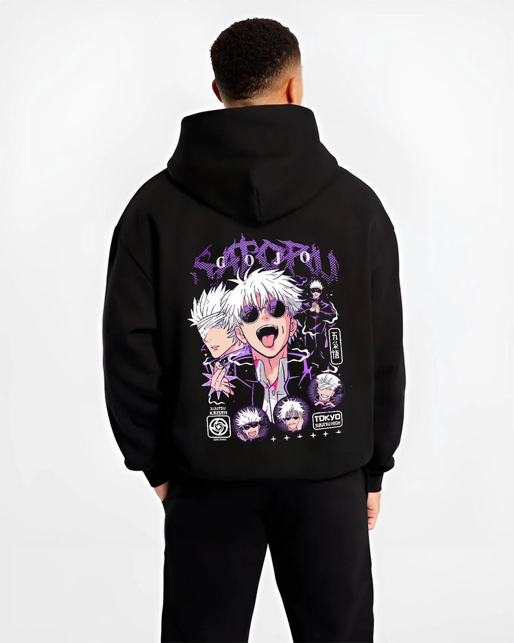 Black hoodie worn by male model, back view with Jujutsu Kaisen Hoodie Satoru Gojo Casual Outfit Jumper graphic premium wear.