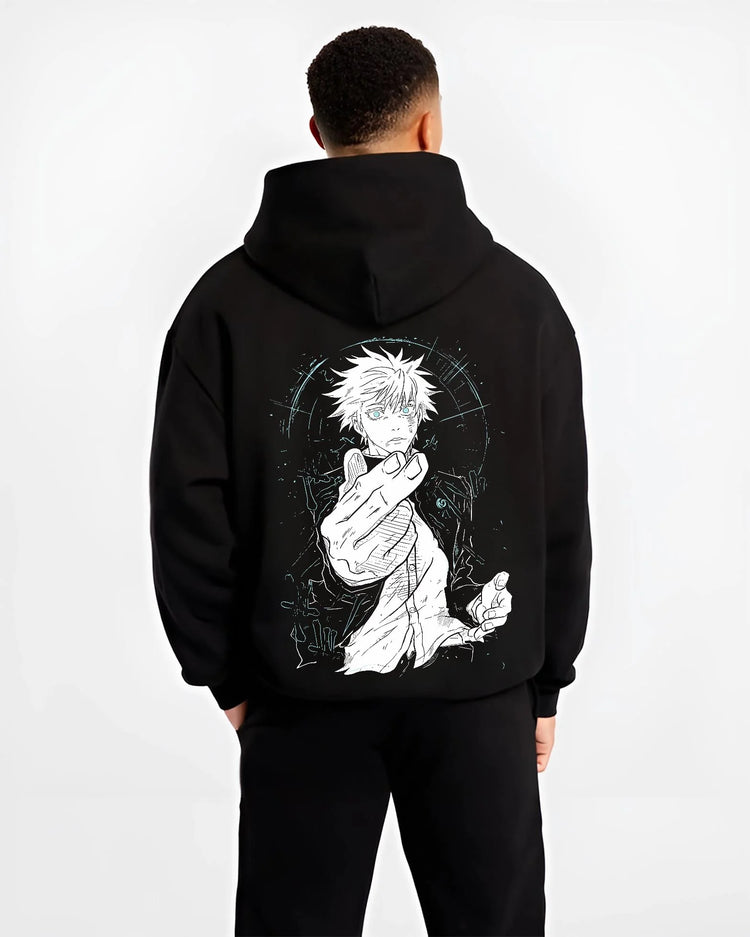 Black hoodie worn by male model, back view with Jujutsu Kaisen Hoodie Satoru Gojo Dark Energy Jumper graphic streetwear graphic.