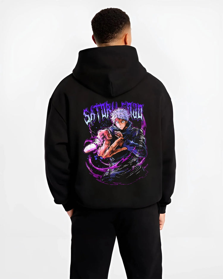 Black hoodie worn by male model, back view with Jujutsu Kaisen Hoodie Satoru Gojo Hero Pose Jumper graphic premium wear.