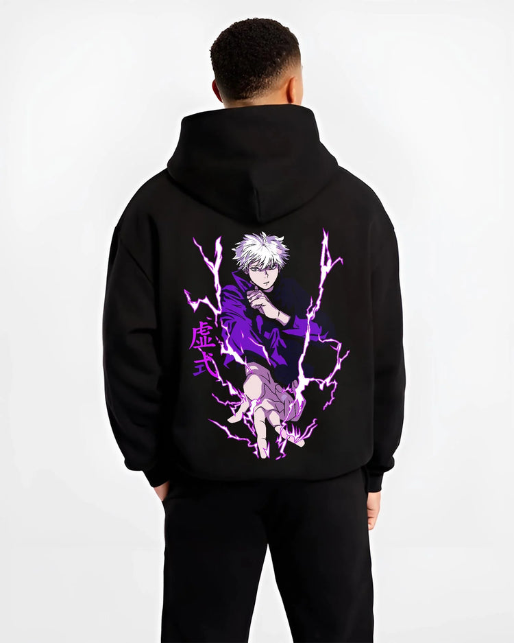 Black hoodie worn by male model, back view with Jujutsu Kaisen Hoodie Satoru Gojo Void Domain Jumper graphic streetwear graphic.