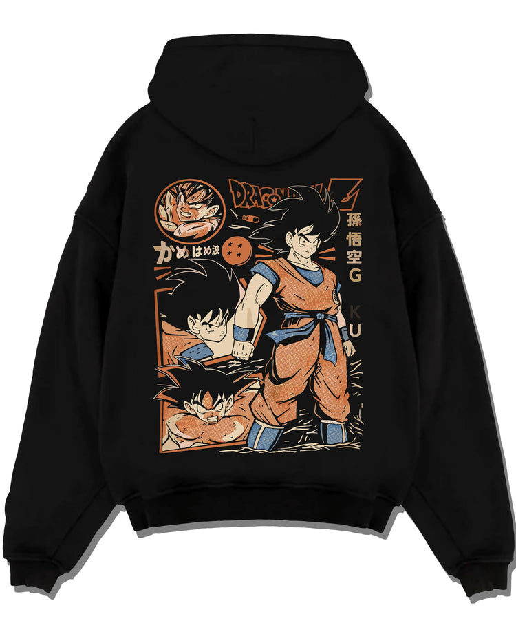 Black pullover hoodie laid flat with Goku Hoodie Dragon Ball Z Bardock Family Legacy graphic bold anime graphic.