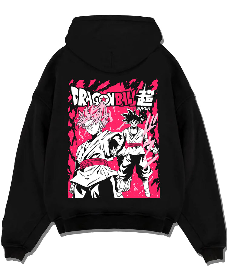 Black pullover hoodie laid flat with Dragon Ball Z Hoodie Goku Black vs Zamasu Jumper graphic bold anime graphic.
