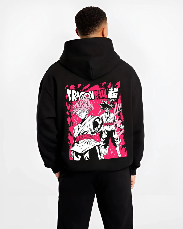 Black hoodie worn by male model, back view with Dragon Ball Z Hoodie Goku Black vs Zamasu Jumper graphic premium wear.