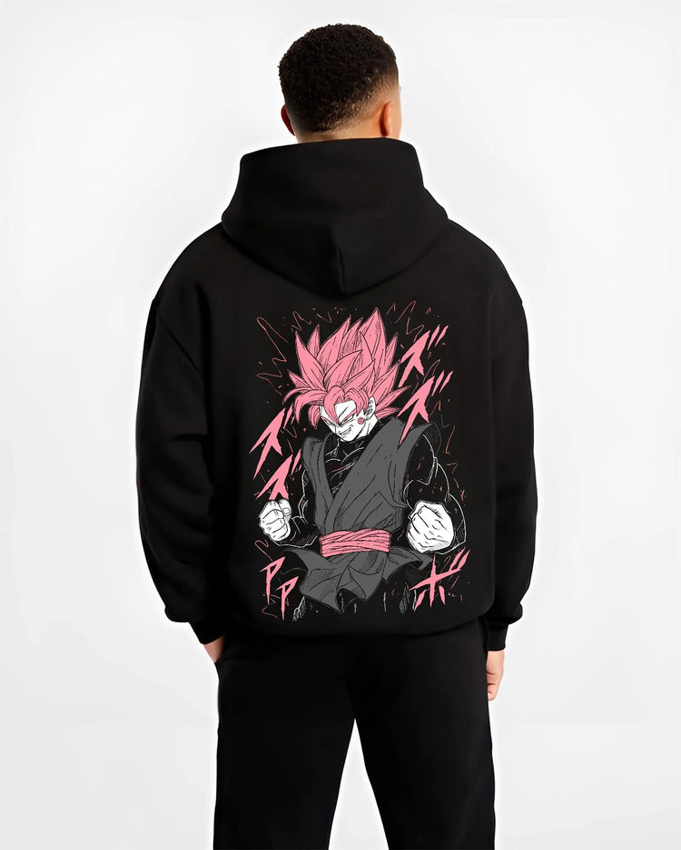 Black hoodie worn by male model, back view with Dragon Ball Z Hoodie Goku Black Rage Jumper graphic bold anime graphic.
