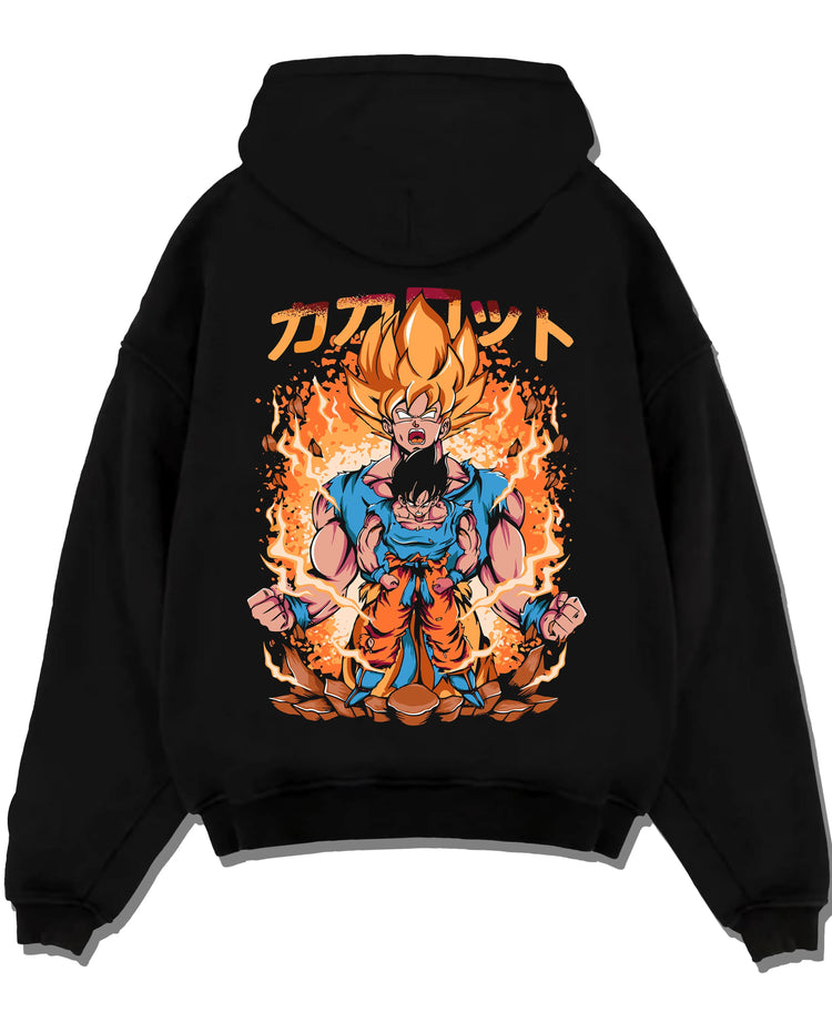 Black pullover hoodie laid flat with Goku Hoodie Dragon Ball Z Super Saiyan Form Burst graphic Goku anime design.